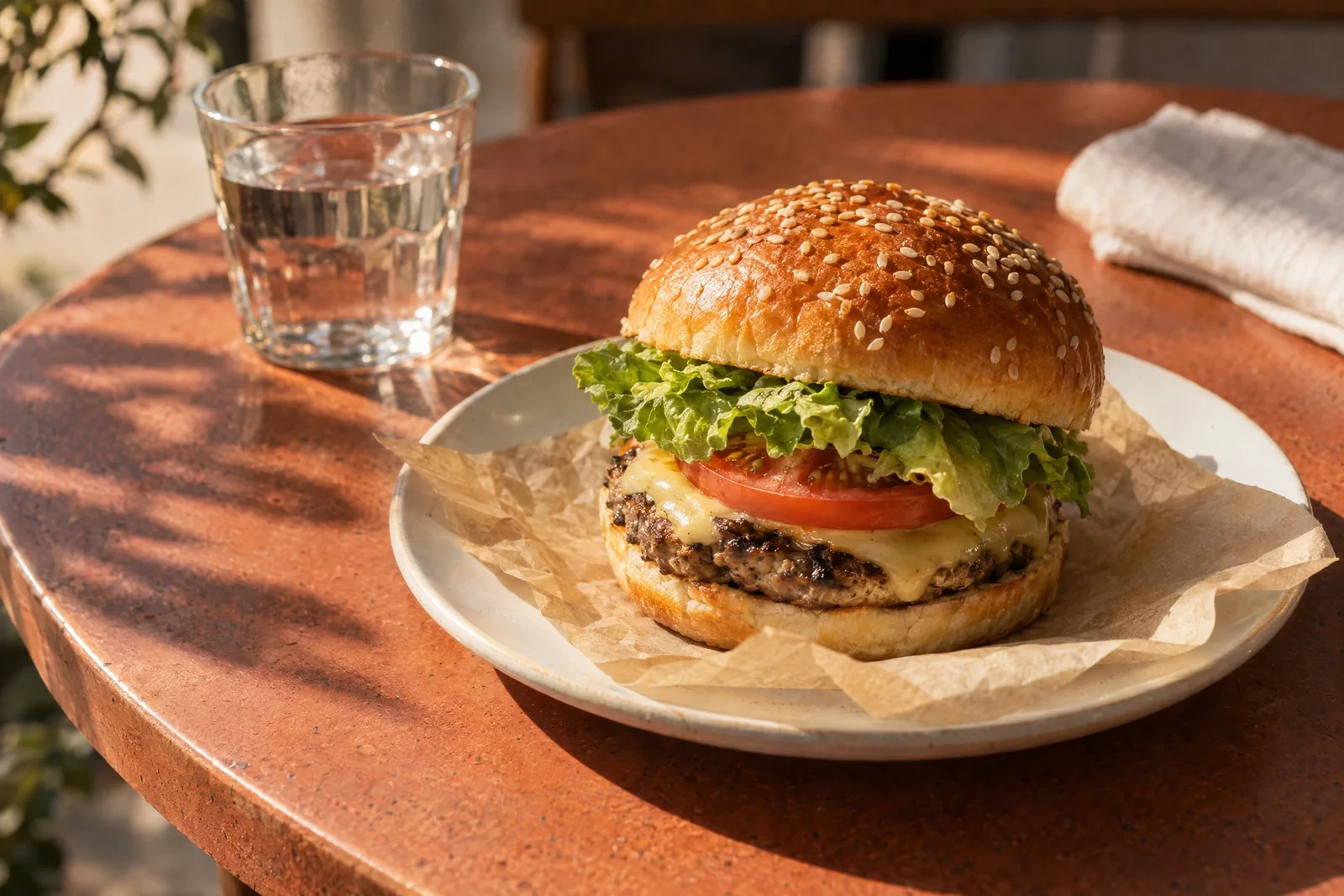 A simple burger on a sunlit café table; an editorial illustration