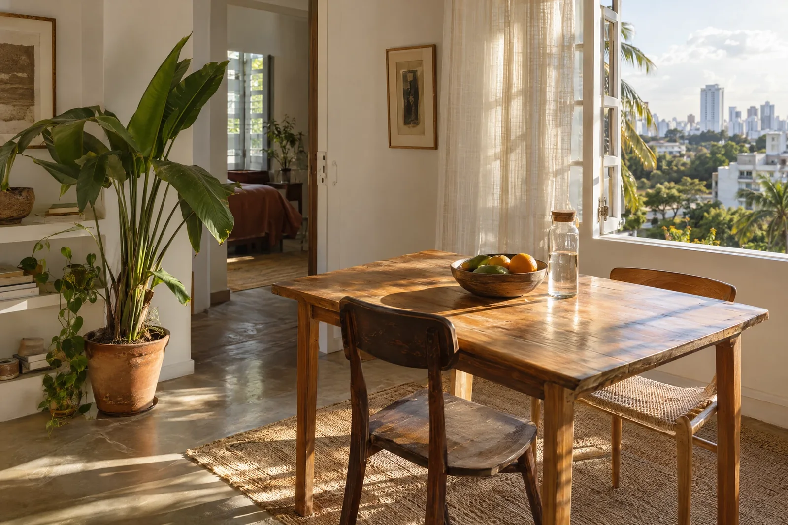 A calm dining corner in a shared home; an editorial illustration
